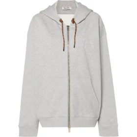 Graues Miu Miu Sweatshirt mit Kapuze, Reißverschluss und gesticktem Logo – Vorderansicht