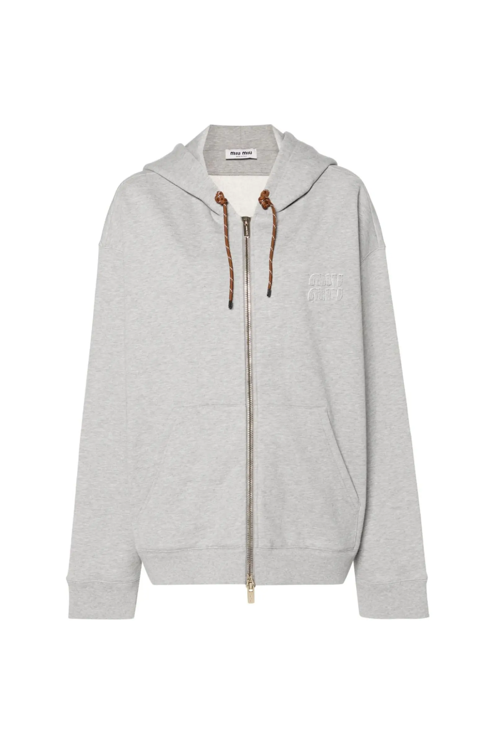 Miu Miu Sweatshirt Grau - Vorderansicht Graues Miu Miu Sweatshirt mit Kapuze und Reißverschluss – Vorderansicht