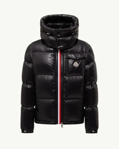Schwarze Moncler Montbeliard Daunenjacke mit Kapuze, Vorderansicht