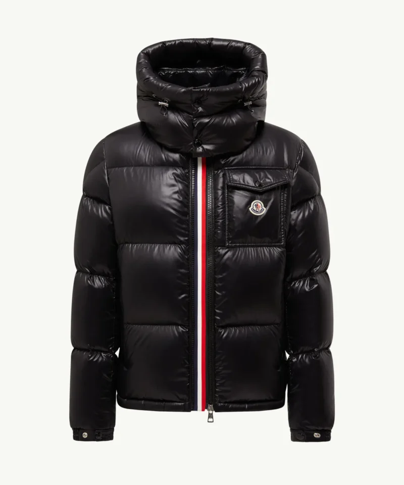Schwarze Moncler Montbeliard Daunenjacke mit Kapuze, Vorderansicht